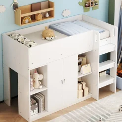 Okwish Lit mezzanine 90x200 cm - Lit simple avec échelle sécurisée, placard intégré et rangement pratique - Pin et MDF - Blanc* Lit Mezzanine