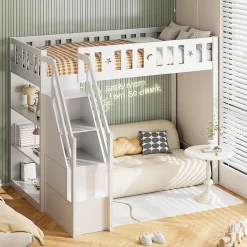 Lit Mezzanine 90x200 cm - Lit Simple avec Échelle de Rangement et Étagères - Cadre en Bois et Métal - Sans Matelas - Blanc>Okwish Discount