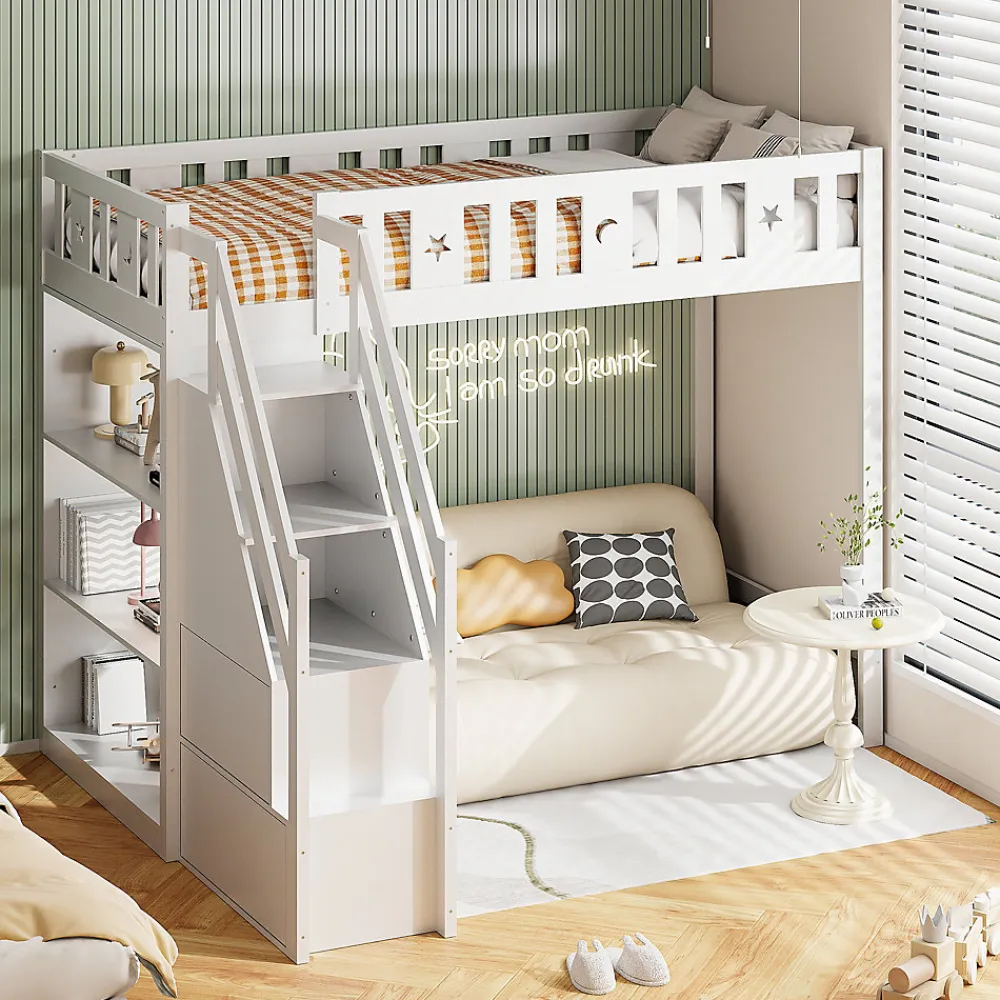 Lit Mezzanine 90x200 cm - Lit Simple avec Échelle de Rangement et Étagères - Cadre en Bois et Métal - Sans Matelas - Blanc>Okwish Discount