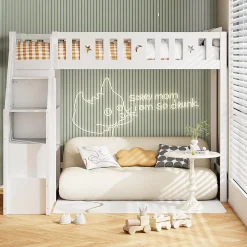 Lit Mezzanine 90x200 cm - Lit Simple avec Échelle de Rangement et Étagères - Cadre en Bois et Métal - Sans Matelas - Blanc>Okwish Discount