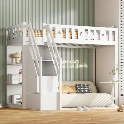 Lit Mezzanine 90x200 cm - Lit Simple avec Échelle de Rangement et Étagères - Cadre en Bois et Métal - Sans Matelas - Blanc><noscript><img width=