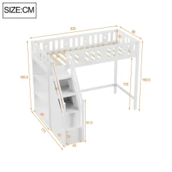 Lit Mezzanine 90x200 cm - Lit Simple avec Échelle de Rangement et Étagères - Cadre en Bois et Métal - Sans Matelas - Blanc><noscript><img width=