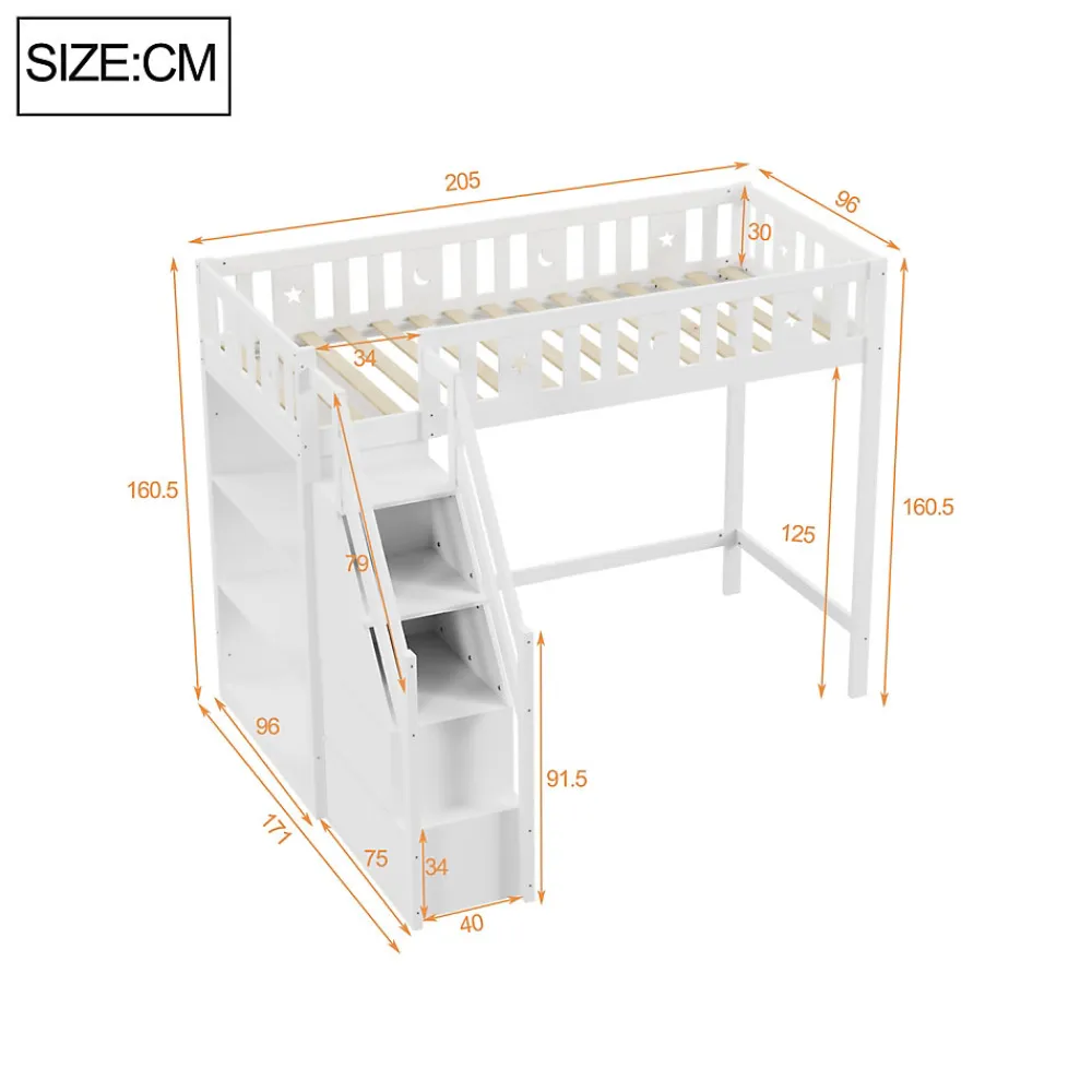 Lit Mezzanine 90x200 cm - Lit Simple avec Échelle de Rangement et Étagères - Cadre en Bois et Métal - Sans Matelas - Blanc>Okwish Discount