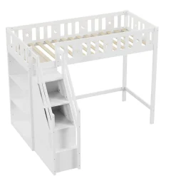 Lit Mezzanine 90x200 cm - Lit Simple avec Échelle de Rangement et Étagères - Cadre en Bois et Métal - Sans Matelas - Blanc><noscript><img width=