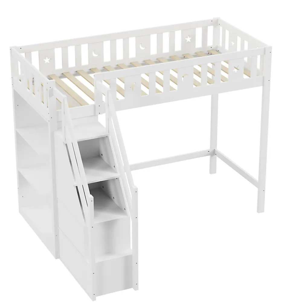 Lit Mezzanine 90x200 cm - Lit Simple avec Échelle de Rangement et Étagères - Cadre en Bois et Métal - Sans Matelas - Blanc>Okwish Discount