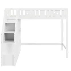 Lit Mezzanine 90x200 cm - Lit Simple avec Échelle de Rangement et Étagères - Cadre en Bois et Métal - Sans Matelas - Blanc><noscript><img width=