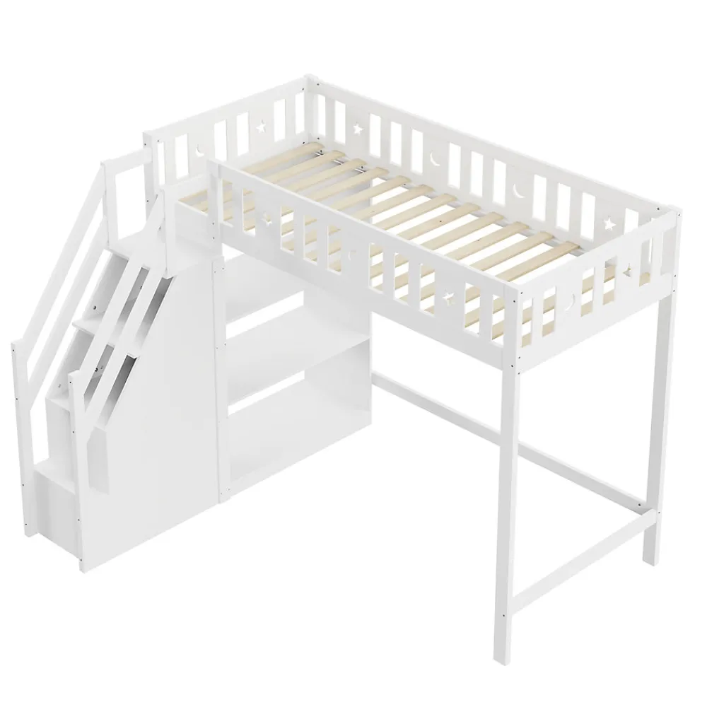 Lit Mezzanine 90x200 cm - Lit Simple avec Échelle de Rangement et Étagères - Cadre en Bois et Métal - Sans Matelas - Blanc>Okwish Discount