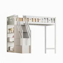 Lit Mezzanine 90x200 cm - Lit Simple avec Échelle de Rangement et Étagères - Cadre en Bois et Métal - Sans Matelas - Blanc><noscript><img width=