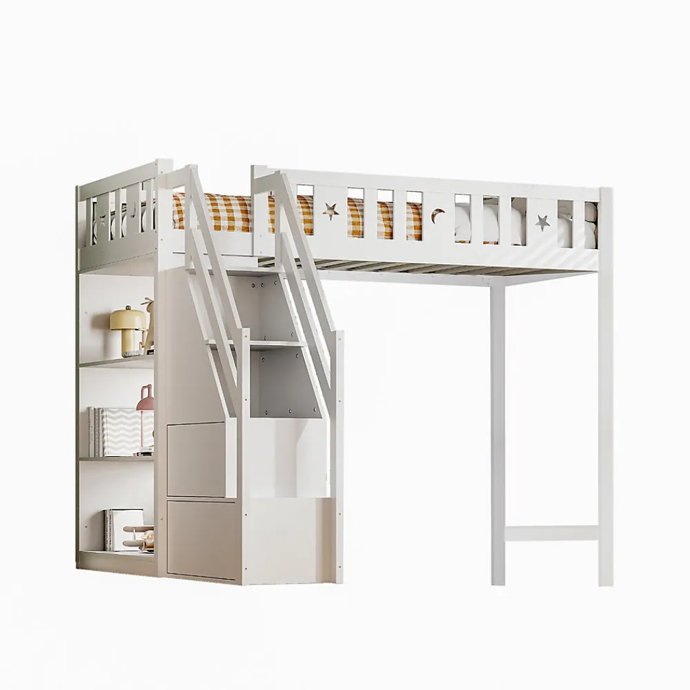 Lit Mezzanine 90x200 cm - Lit Simple avec Échelle de Rangement et Étagères - Cadre en Bois et Métal - Sans Matelas - Blanc>Okwish Discount