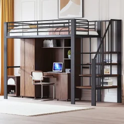 Lit mezzanine 90x200 cm - Lit simple avec rangement et escalier intégré, structure métallique solide - Noir - Sans matelas>Okwish