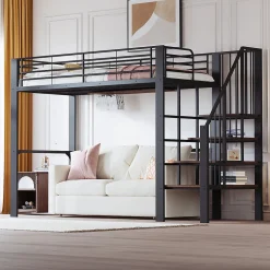 Lit mezzanine 90x200 cm - Lit simple avec rangement et escalier intégré, structure métallique solide - Noir - Sans matelas>Okwish