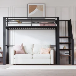 Lit mezzanine 90x200 cm - Lit simple avec rangement et escalier intégré, structure métallique solide - Noir - Sans matelas><noscript><img width=