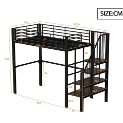Lit mezzanine 90x200 cm - Lit simple avec rangement et escalier intégré, structure métallique solide - Noir - Sans matelas><noscript><img width=