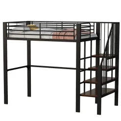 Lit mezzanine 90x200 cm - Lit simple avec rangement et escalier intégré, structure métallique solide - Noir - Sans matelas><noscript><img width=