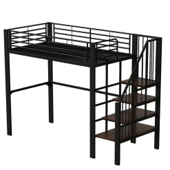 Lit mezzanine 90x200 cm - Lit simple avec rangement et escalier intégré, structure métallique solide - Noir - Sans matelas><noscript><img width=
