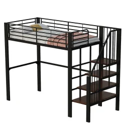 Lit mezzanine 90x200 cm - Lit simple avec rangement et escalier intégré, structure métallique solide - Noir - Sans matelas><noscript><img width=