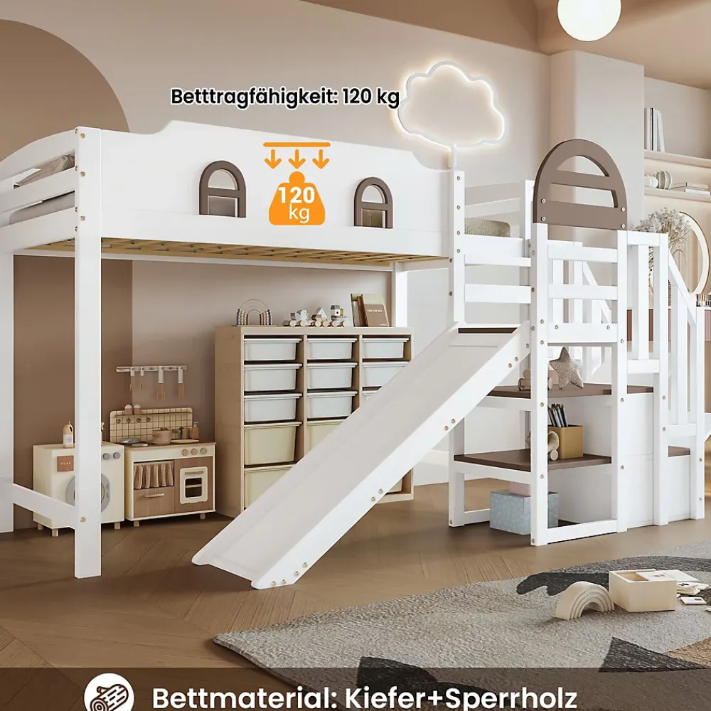Okwish Lit Mezzanine 90x200 cm - Lit Simple enfant avec Toboggan, Escalier Armoire et Étagère de Rangement - Pin et MDF - Blanc et Marron* Lit Mezzanine