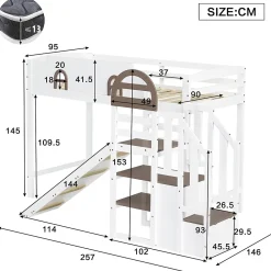 Okwish Lit Mezzanine 90x200 cm - Lit Simple enfant avec Toboggan, Escalier Armoire et Étagère de Rangement - Pin et MDF - Blanc et Marron* Lit Mezzanine