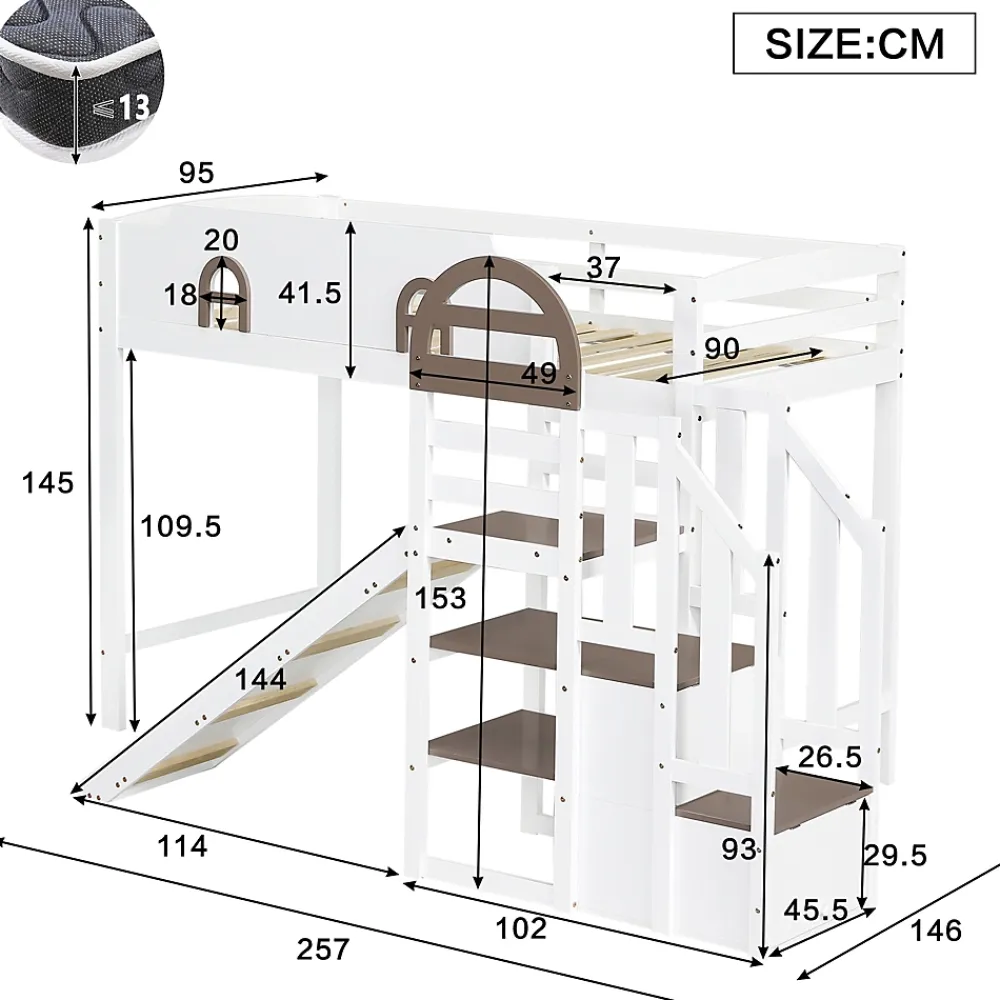 Okwish Lit Mezzanine 90x200 cm - Lit Simple enfant avec Toboggan, Escalier Armoire et Étagère de Rangement - Pin et MDF - Blanc et Marron* Lit Mezzanine