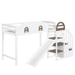 Okwish Lit Mezzanine 90x200 cm - Lit Simple enfant avec Toboggan, Escalier Armoire et Étagère de Rangement - Pin et MDF - Blanc et Marron* Lit Mezzanine