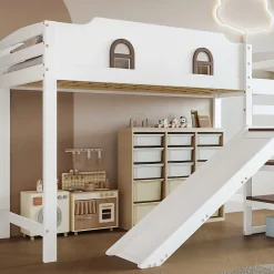 Okwish Lit Mezzanine 90x200 cm - Lit Simple enfant avec Toboggan, Escalier Armoire et Étagère de Rangement - Pin et MDF - Blanc et Marron* Lit Mezzanine