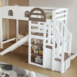 Okwish Lit Mezzanine 90x200 cm - Lit Simple enfant avec Toboggan, Escalier Armoire et Étagère de Rangement - Pin et MDF - Blanc et Marron* Lit Mezzanine