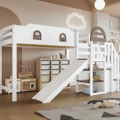Okwish Lit Mezzanine 90x200 cm - Lit Simple enfant avec Toboggan, Escalier Armoire et Étagère de Rangement - Pin et MDF - Blanc et Marron* Lit Mezzanine