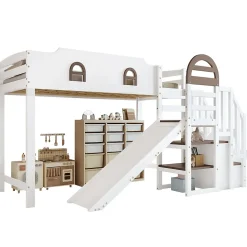 Okwish Lit Mezzanine 90x200 cm - Lit Simple enfant avec Toboggan, Escalier Armoire et Étagère de Rangement - Pin et MDF - Blanc et Marron* Lit Mezzanine