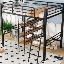 Okwish Lit Mezzanine 90x200 cm - Lit Simple avec Bureau en L, Garde-Corps et Échelle, Sans Matelas - Métal Noir* Lit Mezzanine