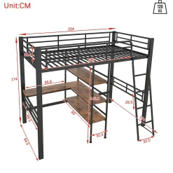 Okwish Lit Mezzanine 90x200 cm - Lit Simple avec Bureau en L, Garde-Corps et Échelle, Sans Matelas - Métal Noir* Lit Mezzanine