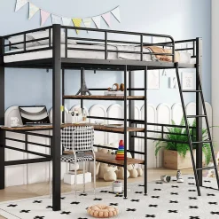 Okwish Lit Mezzanine 90x200 cm - Lit Simple avec Bureau en L, Garde-Corps et Échelle, Sans Matelas - Métal Noir* Lit Mezzanine