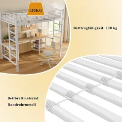 Okwish Lit Mezzanine 90x200 cm - Lit Simple avec Bureau et Étagères de Rangement, Structure Métal Solide, Auto-Installation - Blanc* Lit Mezzanine