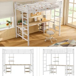 Okwish Lit Mezzanine 90x200 cm - Lit Simple avec Bureau et Étagères de Rangement, Structure Métal Solide, Auto-Installation - Blanc* Lit Mezzanine