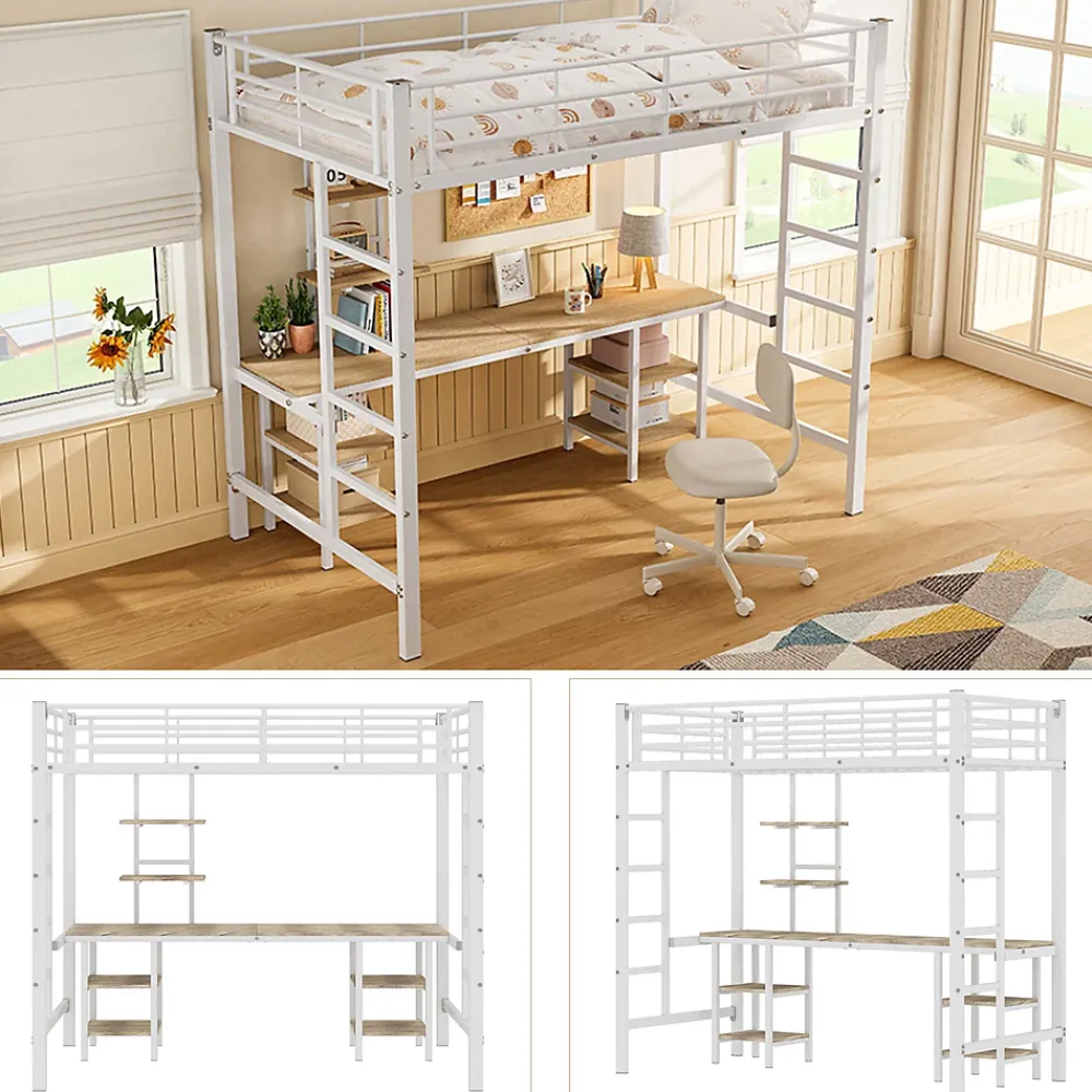 Okwish Lit Mezzanine 90x200 cm - Lit Simple avec Bureau et Étagères de Rangement, Structure Métal Solide, Auto-Installation - Blanc* Lit Mezzanine