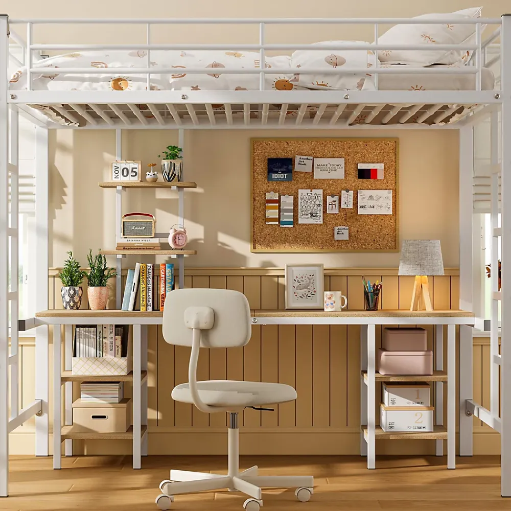 Okwish Lit Mezzanine 90x200 cm - Lit Simple avec Bureau et Étagères de Rangement, Structure Métal Solide, Auto-Installation - Blanc* Lit Mezzanine