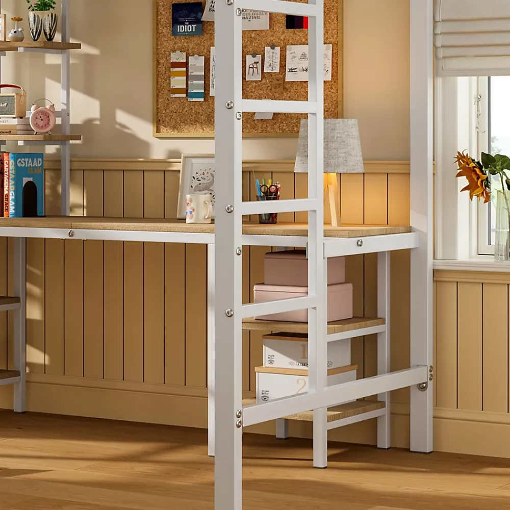 Okwish Lit Mezzanine 90x200 cm - Lit Simple avec Bureau et Étagères de Rangement, Structure Métal Solide, Auto-Installation - Blanc* Lit Mezzanine