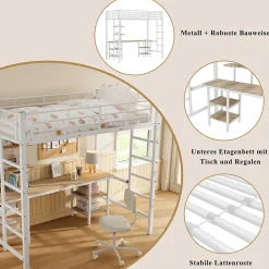 Okwish Lit Mezzanine 90x200 cm - Lit Simple avec Bureau et Étagères de Rangement, Structure Métal Solide, Auto-Installation - Blanc* Lit Mezzanine