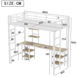 Okwish Lit Mezzanine 90x200 cm - Lit Simple avec Bureau et Étagères de Rangement, Structure Métal Solide, Auto-Installation - Blanc* Lit Mezzanine