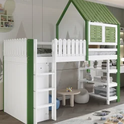 Lit Mezzanine 90x200 cm - Lit Simple avec Protection et Étagère de Rangement, Bois Pin et MDF, Sans Matelas, Blanc et Vert>Okwish Discount