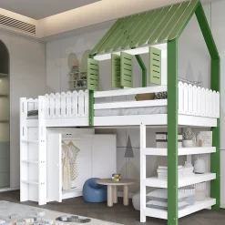 Lit Mezzanine 90x200 cm - Lit Simple avec Protection et Étagère de Rangement, Bois Pin et MDF, Sans Matelas, Blanc et Vert><noscript><img width=