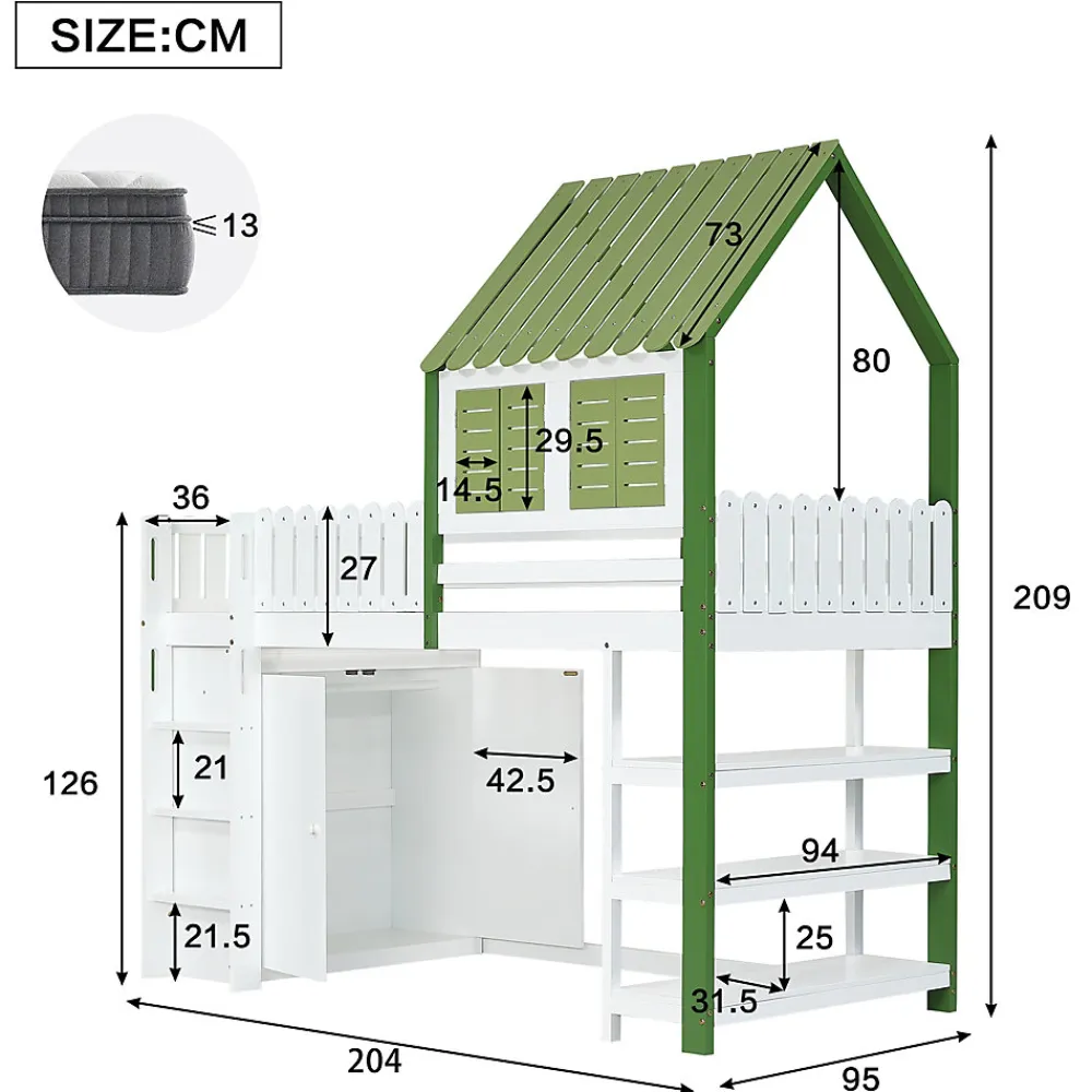 Lit Mezzanine 90x200 cm - Lit Simple avec Protection et Étagère de Rangement, Bois Pin et MDF, Sans Matelas, Blanc et Vert>Okwish Discount