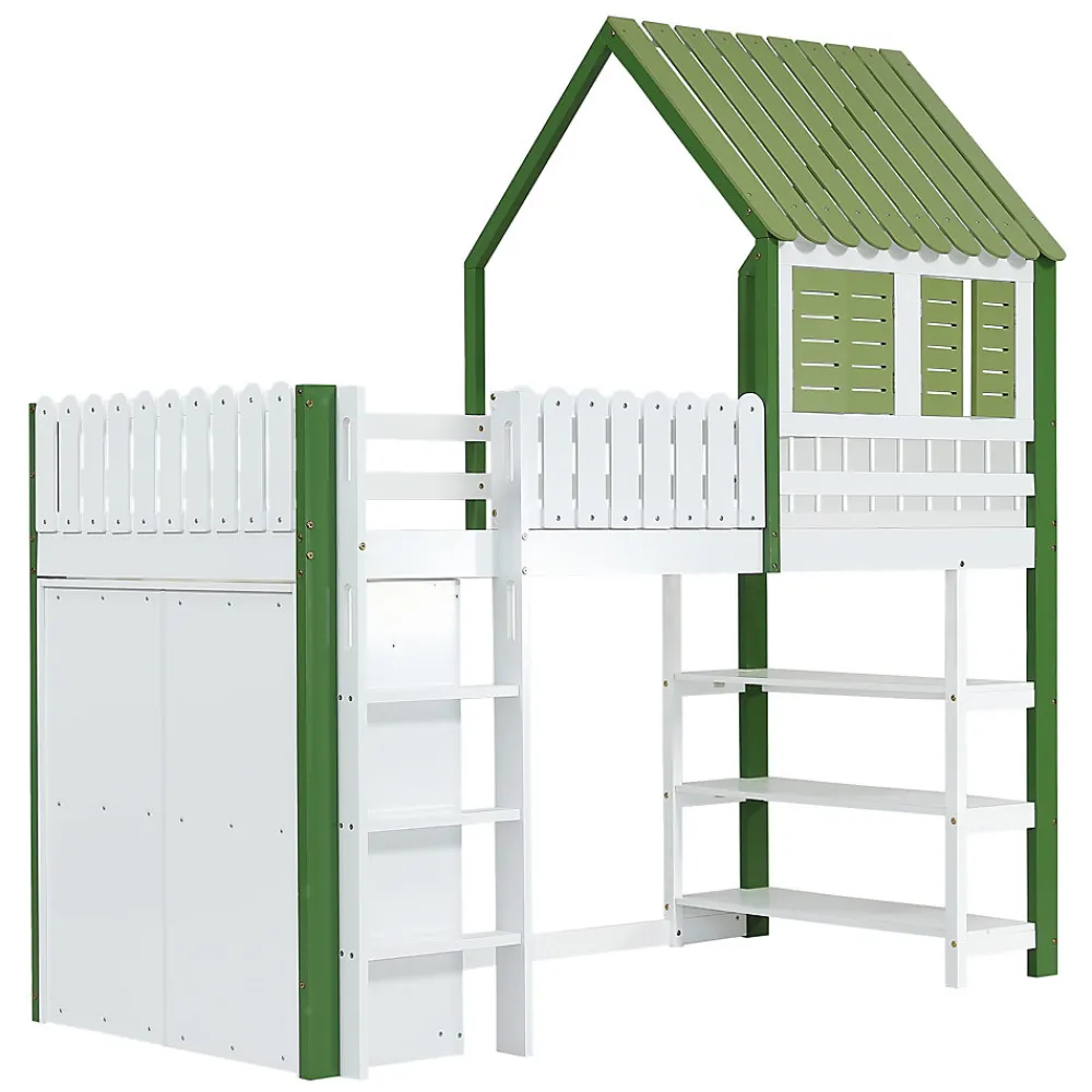 Lit Mezzanine 90x200 cm - Lit Simple avec Protection et Étagère de Rangement, Bois Pin et MDF, Sans Matelas, Blanc et Vert>Okwish Discount