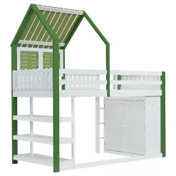Lit Mezzanine 90x200 cm - Lit Simple avec Protection et Étagère de Rangement, Bois Pin et MDF, Sans Matelas, Blanc et Vert><noscript><img width=