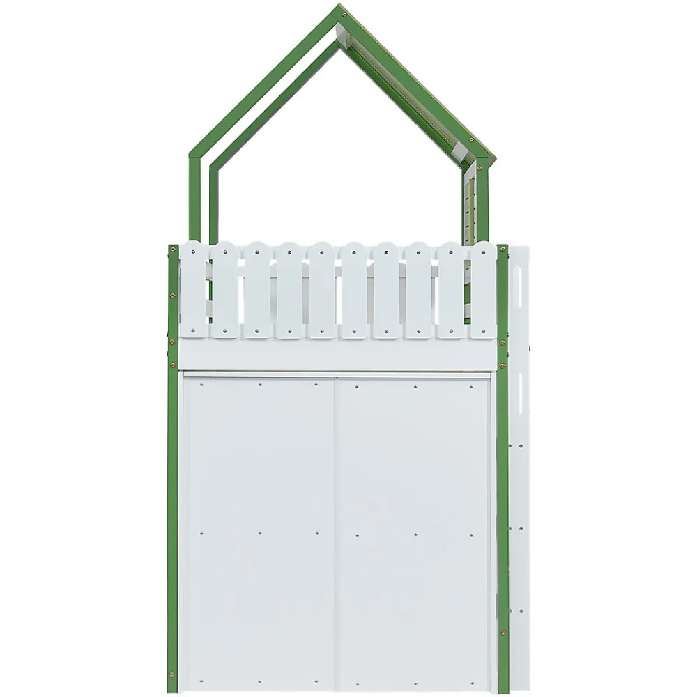 Lit Mezzanine 90x200 cm - Lit Simple avec Protection et Étagère de Rangement, Bois Pin et MDF, Sans Matelas, Blanc et Vert>Okwish Discount