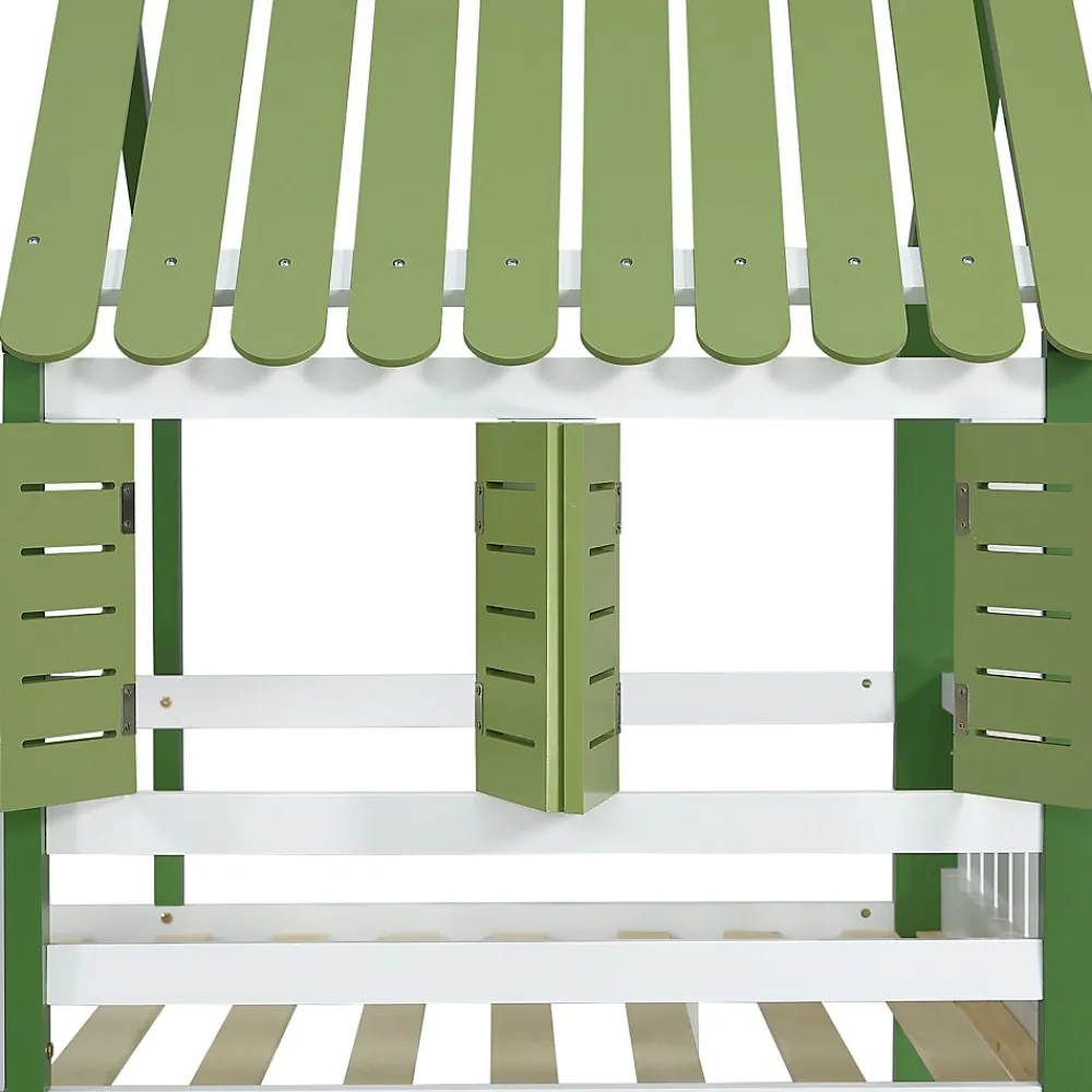 Lit Mezzanine 90x200 cm - Lit Simple avec Protection et Étagère de Rangement, Bois Pin et MDF, Sans Matelas, Blanc et Vert>Okwish Discount