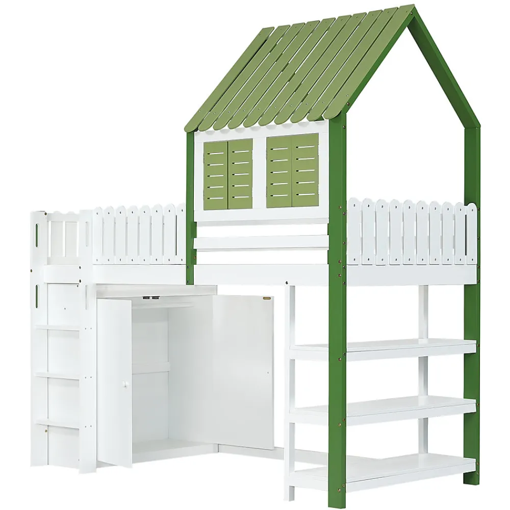 Lit Mezzanine 90x200 cm - Lit Simple avec Protection et Étagère de Rangement, Bois Pin et MDF, Sans Matelas, Blanc et Vert>Okwish Discount