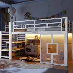Lit Mezzanine 90x200 cm - Lit Simple avec Escalier de Rangement et LED Intégrée, sans Matelas - Métal Blanc>Okwish Clearance
