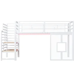 Lit Mezzanine 90x200 cm - Lit Simple avec Escalier de Rangement et LED Intégrée, sans Matelas - Métal Blanc><noscript><img width=