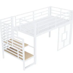 Lit Mezzanine 90x200 cm - Lit Simple avec Escalier de Rangement et LED Intégrée, sans Matelas - Métal Blanc><noscript><img width=