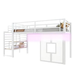 Lit Mezzanine 90x200 cm - Lit Simple avec Escalier de Rangement et LED Intégrée, sans Matelas - Métal Blanc><noscript><img width=
